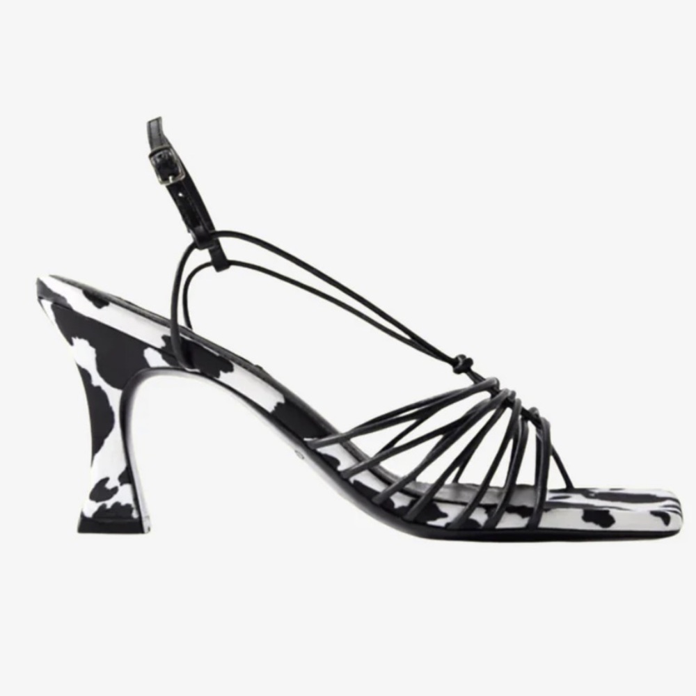 New Caverley x Anthropologie Norman Heel Cow Satin 7 Black White Leather Strappy